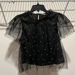 Black mesh semi-cropped blouse with pearl accents